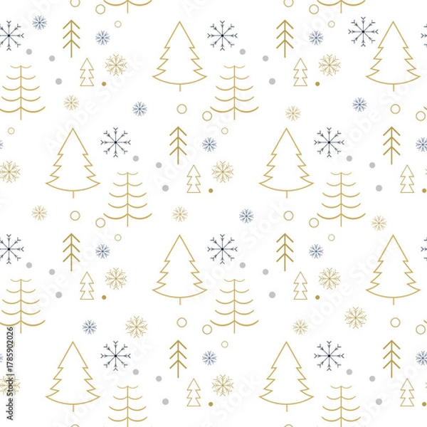 Obraz Minimal Christmas Tree and Snowflake Seamless Pattern. Perfect for holiday packaging, gift wrap, greeting cards, textiles, and modern winter design projects.