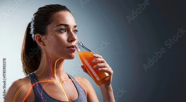 Fototapeta Woman drinking orange beverage from a bottle, with vibrant energy lines showing absorption in her body. Health and wellness concept for fitness and nutrition.