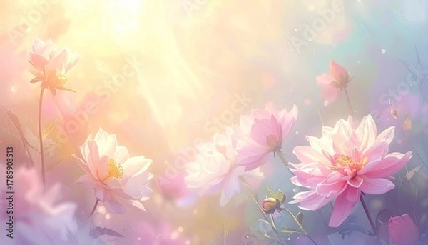 Obraz Dreamy soft-focus pink flowers bathed in golden light