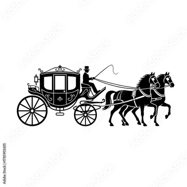 Fototapeta Vintage Carriage Ride: An elegant, old-fashioned horse-drawn carriage gracefully traverses a pathway, reminiscent of a bygone era. A gentleman, holding the reins, guides the horses