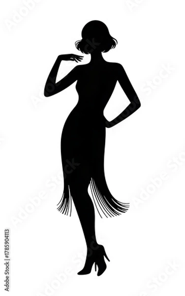 Fototapeta Elegant art deco flapper woman silhouette, black-and-white minimalist fashion , vector ,illustration on white background.