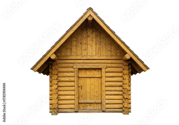 Fototapeta Isolated, wooden cabin, rural log house, front-facing view, exterior of a rustic chalet