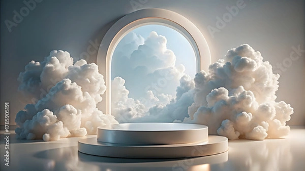 Fototapeta abstract minimal scene with white clouds and round podium.
