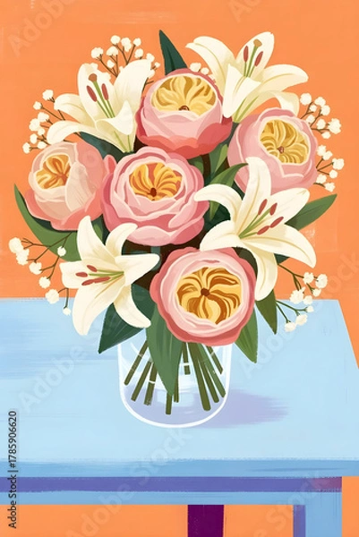 Fototapeta Colorful bouquet of pink roses and white lilies in a glass vase on a blue table with an orange background