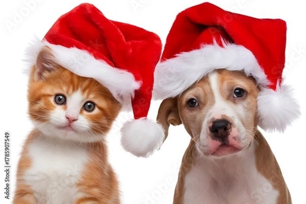 Fototapeta A heartwarming image featuring an adorable orange kitten and a charming puppy, both wearing festive Santa hats against a clean white backdrop, creating a holiday atmosphere