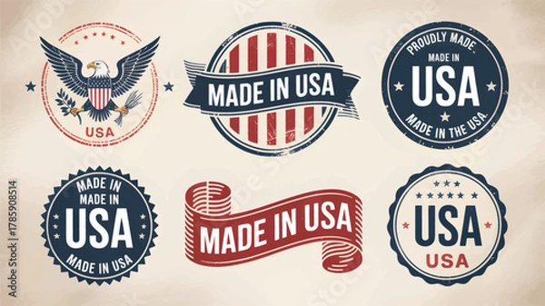 Fototapeta Collection of vintage american made in usa labels and badges featuring patriotic symbols and textual elements silhouette