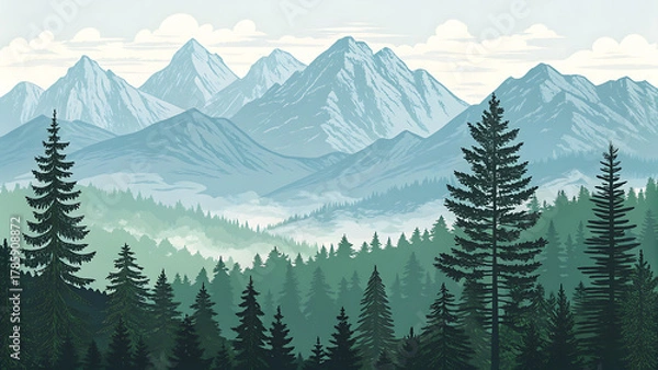 Fototapeta An Illustration of mountain landscape vector image with snow peak, layered ranges, dark evergreens, sunrise glow, woodcut style symmetry