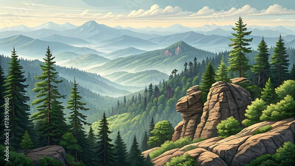 Fototapeta An Monochrome mountain landscape vector image with snow peak, layered ranges, dark evergreens, sunrise glow, woodcut style symmetry