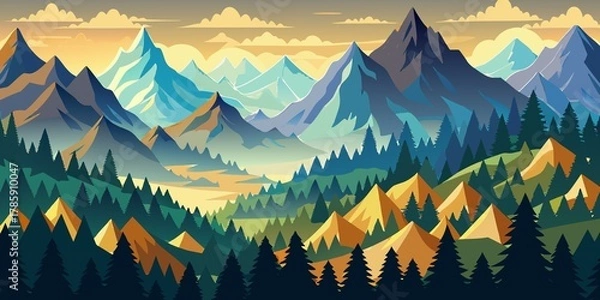 Fototapeta An Illustration of mountain landscape vector image with snow peak, layered ranges, dark evergreens, sunrise glow, woodcut style symmetry