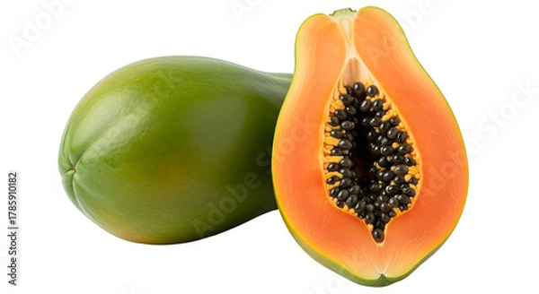 Obraz Ripe papaya fruit cut in half showing black seeds isolated on transparent background, tropical and healthy food