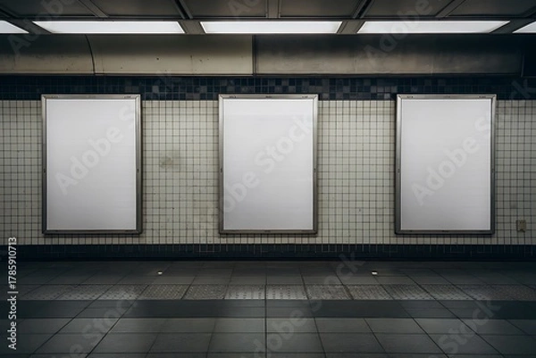 Fototapeta Three blank advertisement posters hanging on a tiled wall in an urban subway station.