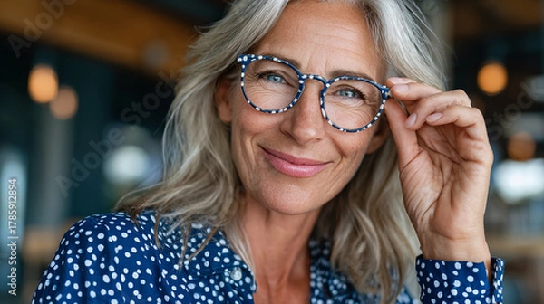 Fototapeta Close up portrait of smiling senior woman in eyeglasses looking at camera
