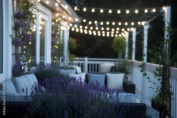 Fototapeta An Enchanting Outdoor Living Space Adorned with String Lights and Lush Lavender Offers Relaxation and Serenity
