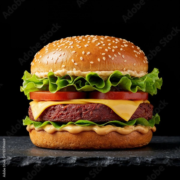 Fototapeta Savory gourmet burger with fresh lettuce, juicy tomato, melted cheese, and creamy sauce on a black background.
