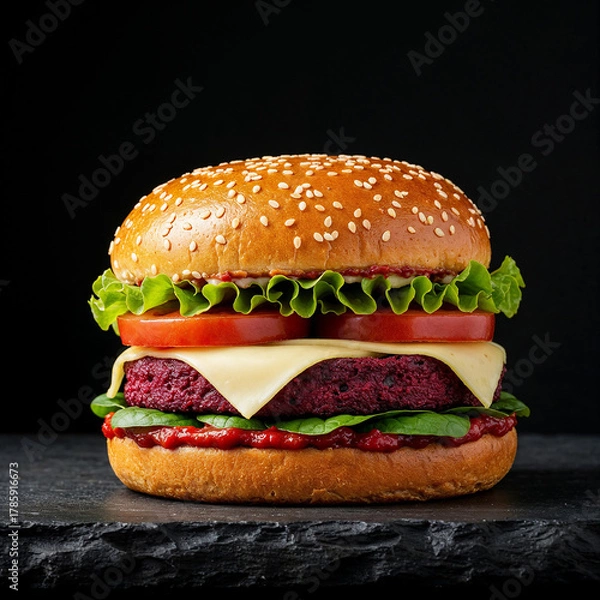 Fototapeta Juicy gourmet beetroot burger piled high with fresh toppings and melted cheese, perfect for healthy eating