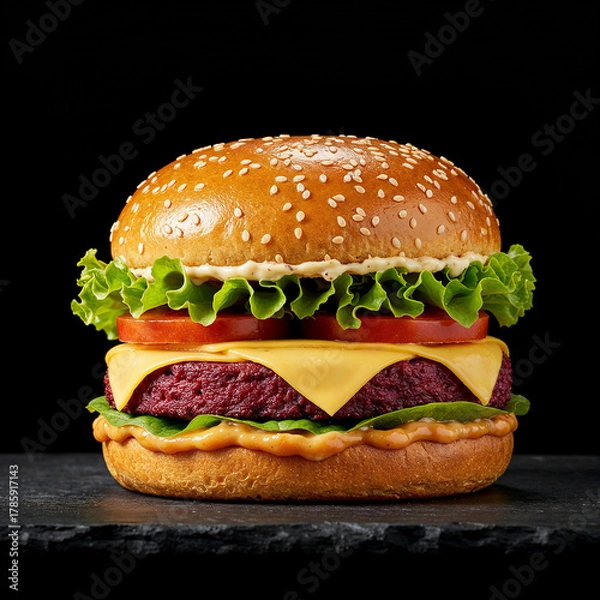Fototapeta Juicy gourmet beet burger with melted cheese and fresh greens on a sesame seed bun