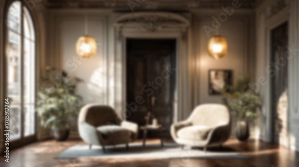 Fototapeta Blurred elegant interior background with soft focus, warm lighting, and luxury decor. Perfect for virtual meetings, website backdrops, and sophisticated presentations.