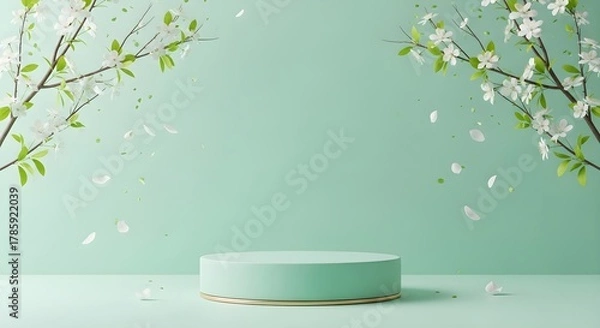 Fototapeta Minimalist Product Display Podium in Pastel Mint Green with White Blossoms and Falling Petals, 3D Render Mockup for Spring Cosmetics, Skincare, and Easter Sales