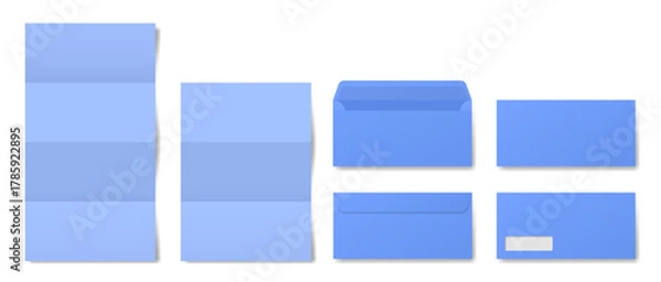 Fototapeta Blue envelope mockup. Front and back side. Open and closed envelopes. Business correspondence. Address window. Folded letter. White paper sheet.