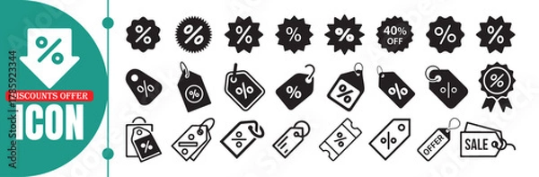 Obraz Black Discount and Sale Tag Icons Set – Percentage, Offer, and Coupon Symbols for Shopping and E-Commerce Design