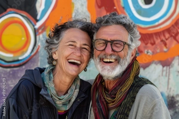 Fototapeta Portrait of a smiling couple in their 50s having fun