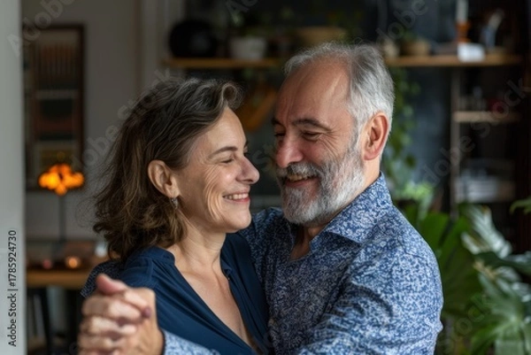 Obraz Portrait of a satisfied caucasian couple in their 50s dancing together