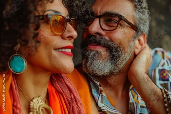 Fototapeta Portrait of a glad multicultural couple in their 50s listening to music