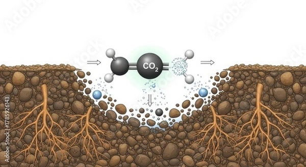 Fototapeta Carbon capture and storage illustration, showing co2 molecule being absorbed into the ground with plant roots, isolated on white background