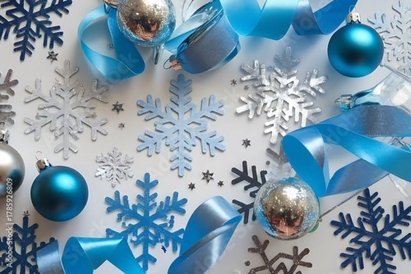 Obraz Festive Christmas decoration with blue and silver ornaments, snowflakes, and ribbons, creating a winter wonderland atmosphere.
