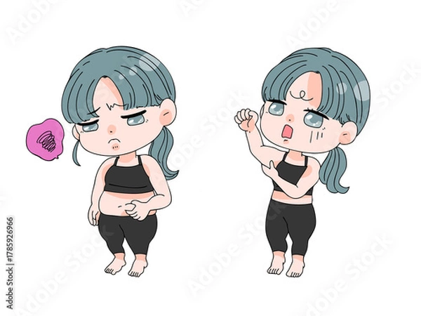 Obraz ダイエット中のお腹や二の腕のお肉が気になる女の子・ミニキャラ