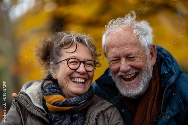 Fototapeta Portrait of a smiling couple in their 60s laughing