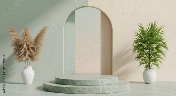 Fototapeta Minimalist 3D Product Display Podium with Stone Pedestal, Arch Background, and Natural Elements, Ideal for Cosmetic, Skincare, and Beauty Mockups