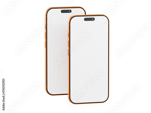 Obraz Two blank smartphone screens, isolated on white, ideal for app presentations, UI design, technology concepts, a