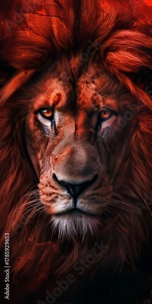 Fototapeta Dramatic close-up of a powerful lion's face. Vertical portrait of a majestic wild animal with a fiery red mane and intense amber eyes