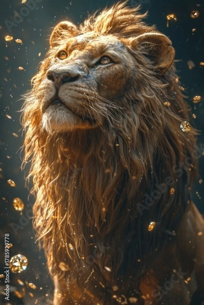 Fototapeta A majestic male lion with a golden mane in a powerful portrait. Vertical fantasy image with sparkling gold gems symbolizing luxury and royalty