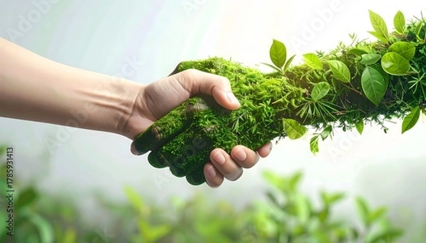 Obraz Symbol of environmental partnership, a green handshake between humanity and nature for sustainability