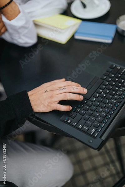 Fototapeta A close-up of a tattooed hand typing on a black laptop at a desk. Colorful notebooks and a coffee cup sit nearby, creating a casual workspace atmosphere.