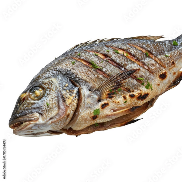 Obraz Golden Grilled Whole Fish Seasoned With Herbs And Spices Isolated On Transparent Background