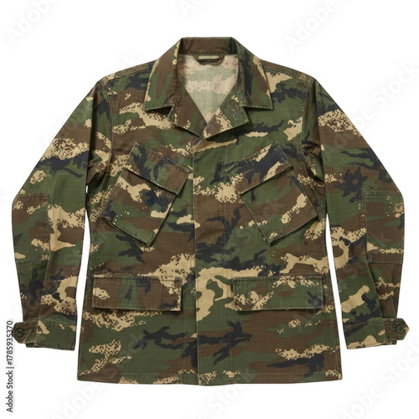 Obraz Green And Brown Camouflage Military Jacket With Multiple Pockets And Collared Neckline Isolated On White Background Studio Shot