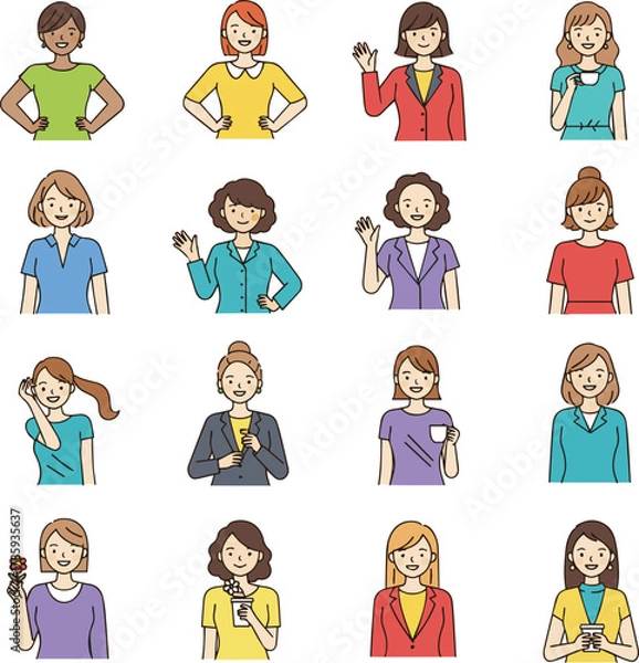 Fototapeta Create a kinds of deferent Simple vector illustration of a happy woman vector art with white background..