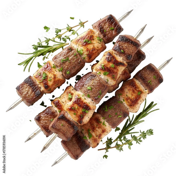 Obraz Grilled Meat Skewers With Fresh Herbs Isolated On A Black Background With Transparent Background Overlay
