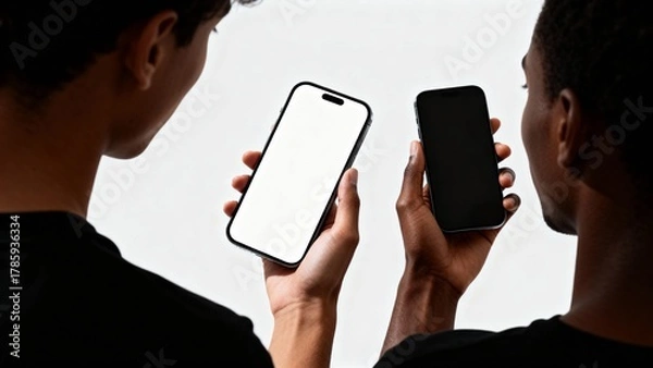 Obraz Two people holding smartphones one with a blank white screen for app promotion on transparent background