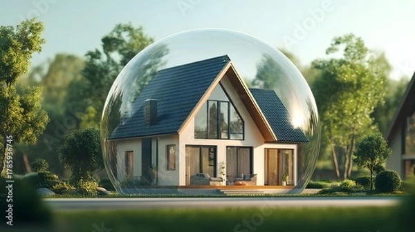 Fototapeta Adobe illustrator of modern house encased in a transparent bubble dome amidst lush greenery, blending futuristic and natural elements