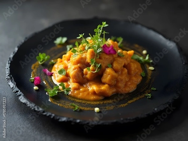 Fototapeta Gourmet Curry Fusion with Artistic Plating: Modern fusion curry dish plated artistically on a black slate plate with microgreens, edible flowers, and minimalist brush strokes of curry sauce.