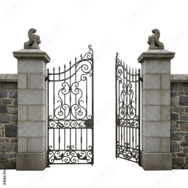 Obraz Ornate Black Wrought Iron Gates Flanked by Stone Pillars and Textured Walls on a Transparent Background