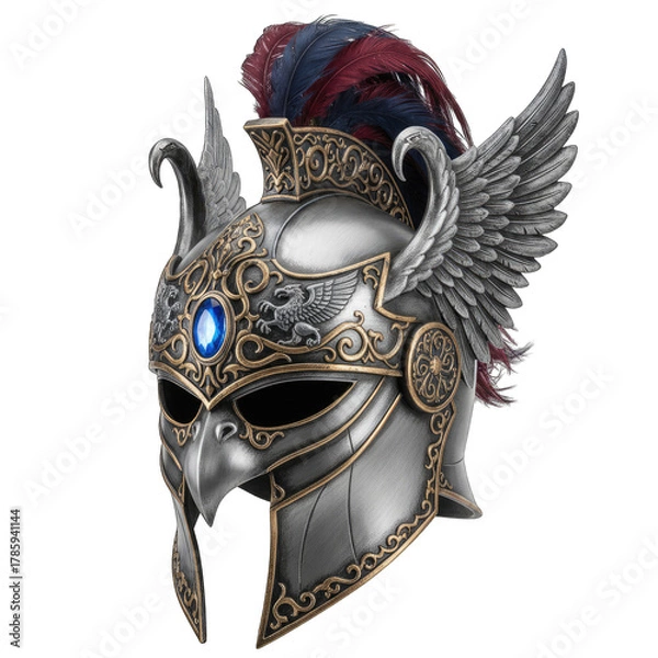 Obraz Ornate Silver Helmet with Eagle Motif Blue Gemstone and Feathered Crest Ideal for Fantasy or Historical Depictions