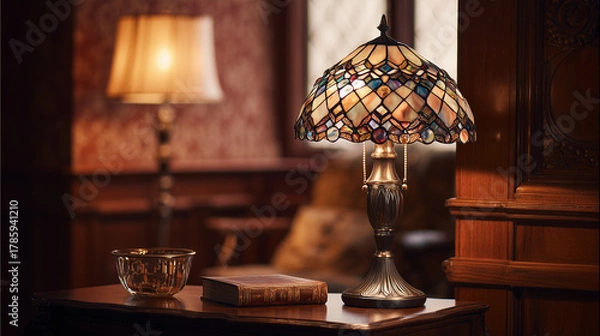 Fototapeta The Tiffany table lamp displays vintage elegance; its soft, warm light and artistic design create a cozy, refined, and stylish atmosphere in any room.