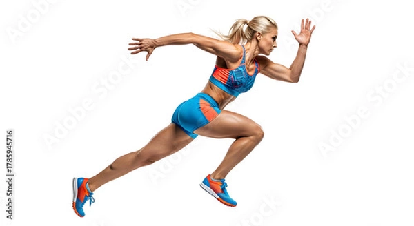 Obraz Determined female athlete sprints forward with power isolated on transparent background, showcasing her strength and speed