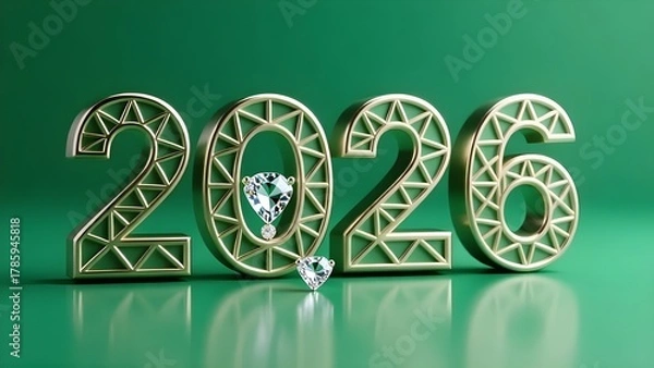Obraz Golden 2026 numerals with diamond heart accents on a vibrant green background design on transparent background