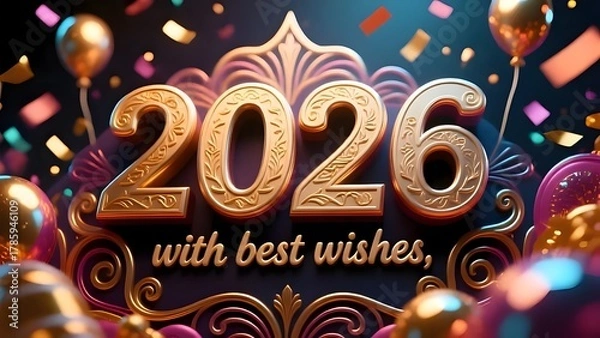 Obraz Golden 2026 new year celebration with balloons and confetti for festive greetings on transparent background